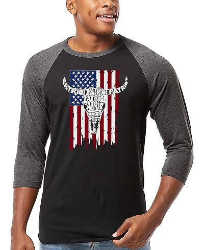 La Pop Art Men's Patriot Cow Skull American Flag Word Raglan-Sleeve T-Shirt