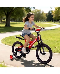 18" Kids Bike with Adjustable Seat, Dual Brakes, Suspension and Training Wheels for Ages 6–9