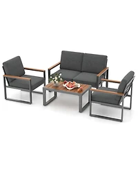 Gouun 4-Piece Outdoor Aluminum Patio Conversation Set with Loveseat, 2 Armchairs and Wood-Plastic Coffee Table