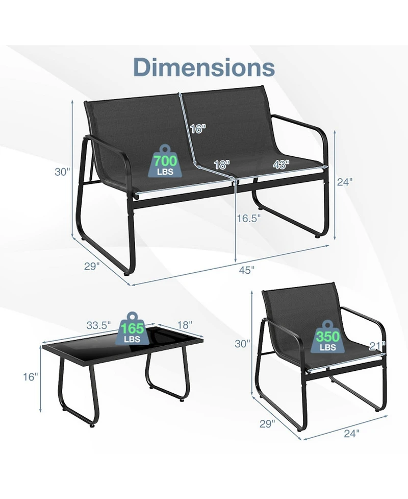 Gouun 4 Piece Patio Furniture Set, Fabric Outdoor Chairs and Loveseat with Tempered Glass Coffee Table