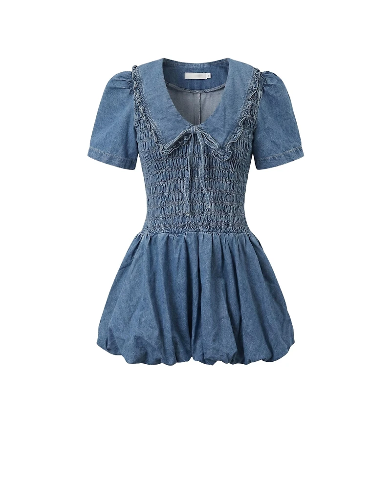 Modenaire Women's Smocked Denim Ruffle-Collar Mini Dress