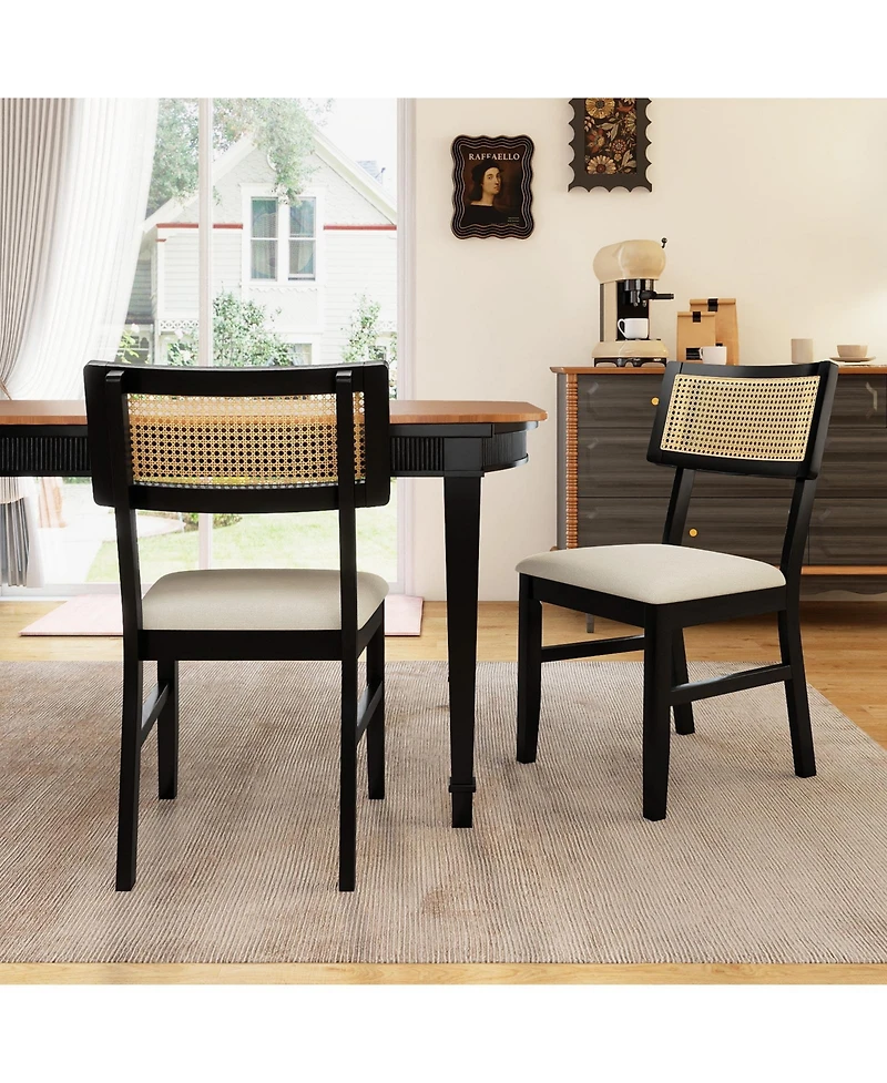 Sugift Rattan Dining Chairs Set of 2 Fabric Upholstered Kitchen Chairs with Padded Seat and Rubber Wood Legs