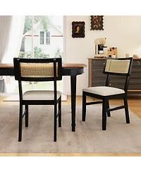 Sugift Rattan Dining Chairs Set of 2 Fabric Upholstered Kitchen Chairs with Padded Seat and Rubber Wood Legs