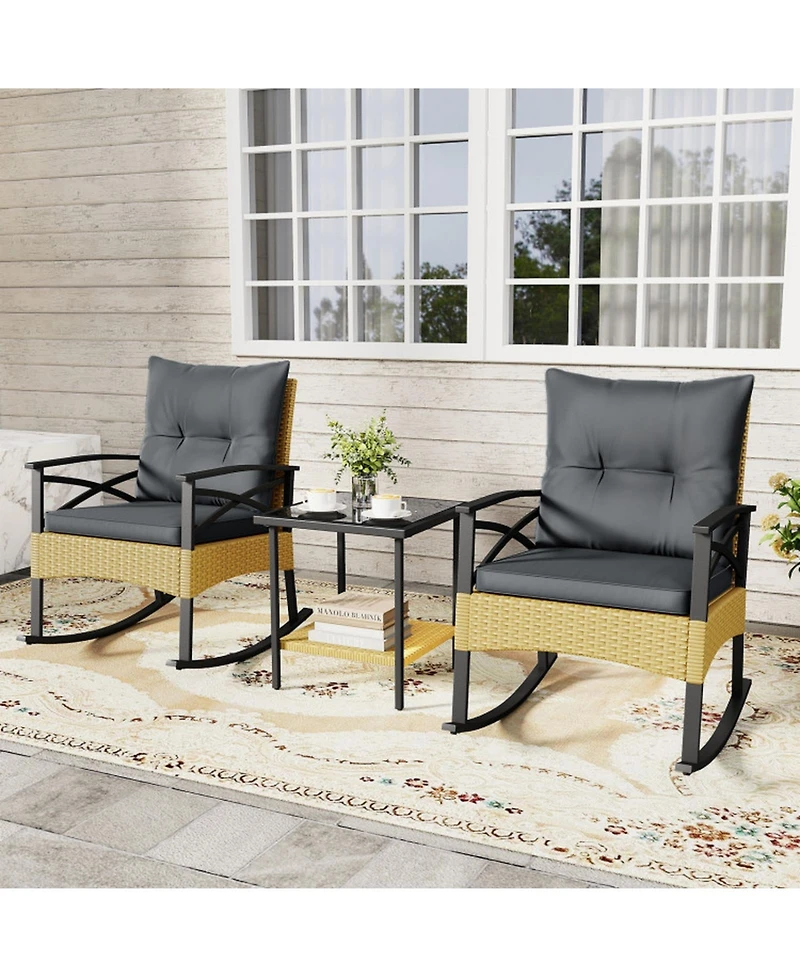 Gouun 3-Piece Outdoor Rattan Rocking Chair Set with 2-Tier Side Table for Backyard