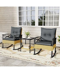 Gouun 3-Piece Outdoor Rattan Rocking Chair Set with 2-Tier Side Table for Backyard