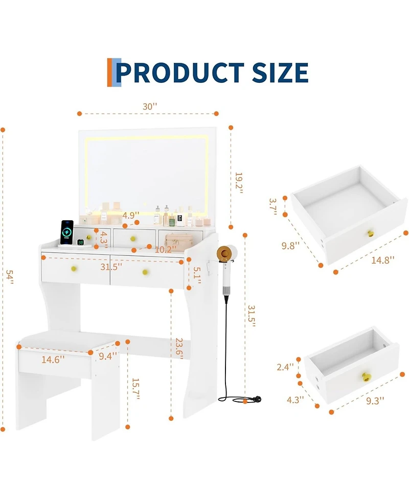 gaomon Vanity Table Set with Mirror and Chair, Power Outlet, Hairdryer Holder, 5 Drawers, Cushioned Stool for Bedroom, Dressing Table