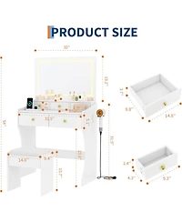 gaomon Vanity Table Set with Mirror and Chair, Power Outlet, Hairdryer Holder, 5 Drawers, Cushioned Stool for Bedroom, Dressing Table