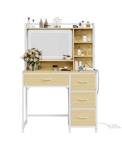gaomon Vanity Desk with Mirror, Makeup Vanity Table with Shelves, 4 Fabric Drawers Storage, Modern Dressing Table for Bedroom, Gift for Women