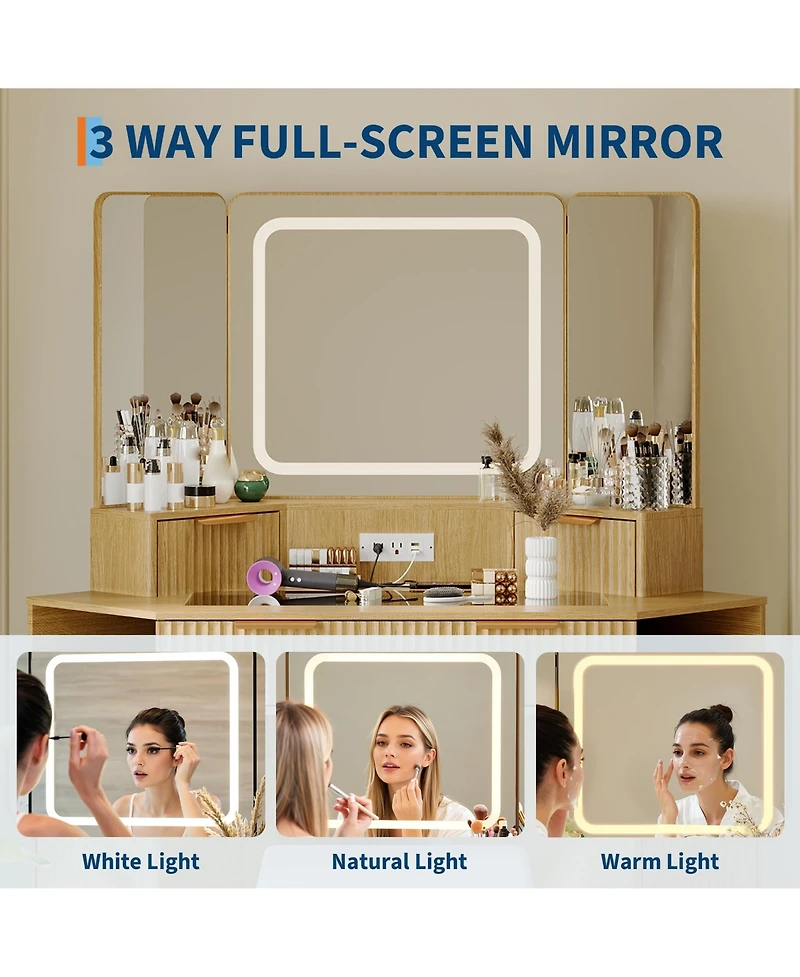 gaomon Corner Makeup Vanity Desk, Modern Vanity Desk with Hd Triple Mirror, Corner Vanitys with Clear Glass Top, Fluted Makeup Vanity Desk