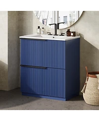 Busdays Bathroom Vanity with Ceramic Sink Full Extension Drawers Soft Close Slides Fluted Design Blue Freestanding Storage Cabinet