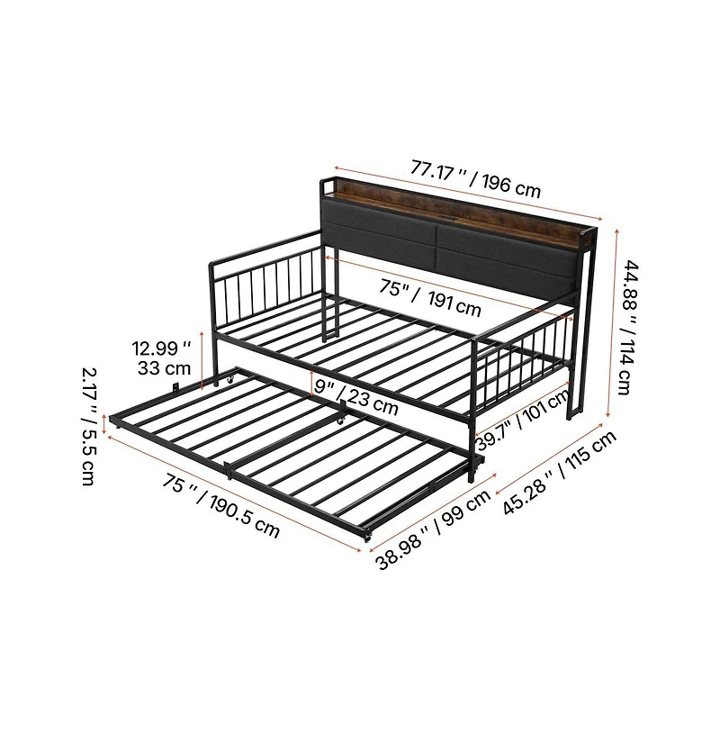 Sugift Daybed with Trundle and Charging Station Heavy Duty Metal Platform