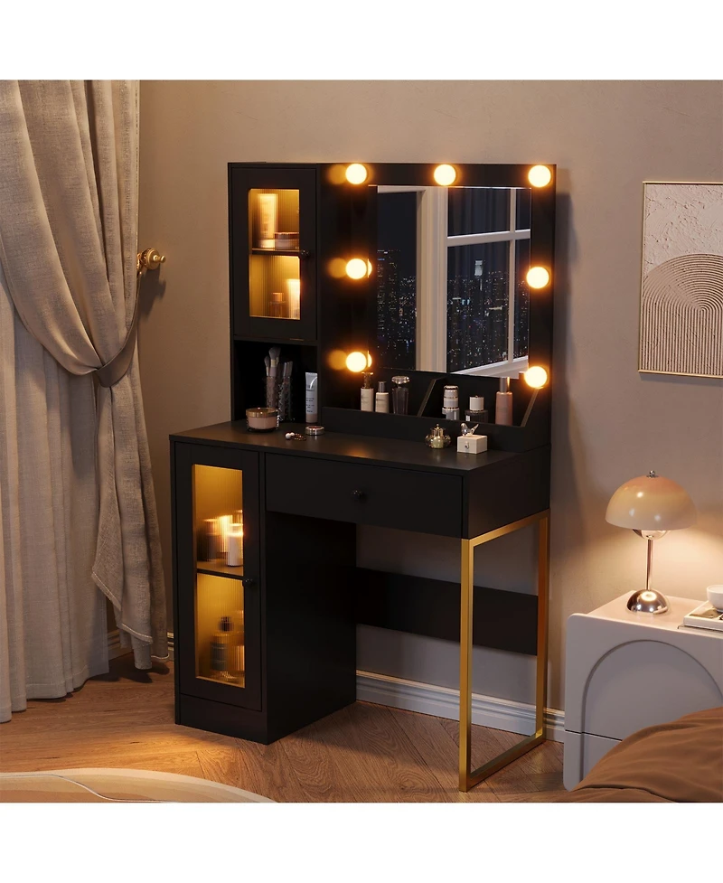 gaomon Makeup Vanity Desk with Mirror and Rgb Led Lights, Charging Station, 2 Acrylic-Door Cabinets, Open Compartments, Wooden Dressing Table