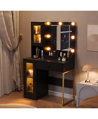 gaomon Makeup Vanity Desk with Mirror and Rgb Led Lights, Charging Station, 2 Acrylic-Door Cabinets, Open Compartments, Wooden Dressing Table