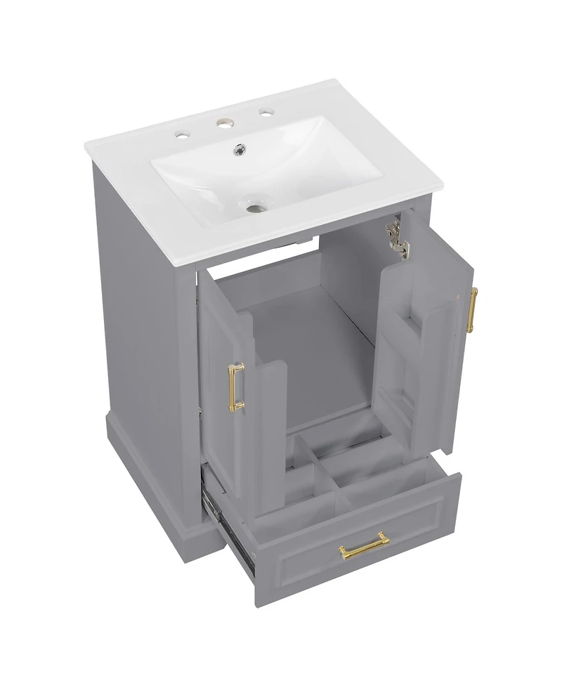 Sillysis 24 Inch Bathroom Vanity with Ceramic Sink, Solid Wood Cabinet, Soft Close Doors and Divided Drawer for Small Bathrooms