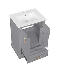 Sillysis 24 Inch Bathroom Vanity with Ceramic Sink, Solid Wood Cabinet, Soft Close Doors and Divided Drawer for Small Bathrooms