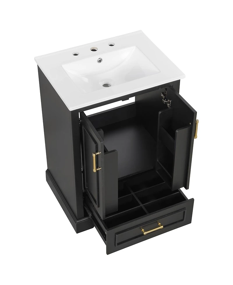 Sillysis 24 Inch Bathroom Vanity with Ceramic Sink, Solid Wood Cabinet, Soft Close Doors and Divided Drawer for Small Bathrooms