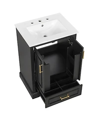 Sillysis 24 Inch Bathroom Vanity with Ceramic Sink, Solid Wood Cabinet, Soft Close Doors and Divided Drawer for Small Bathrooms