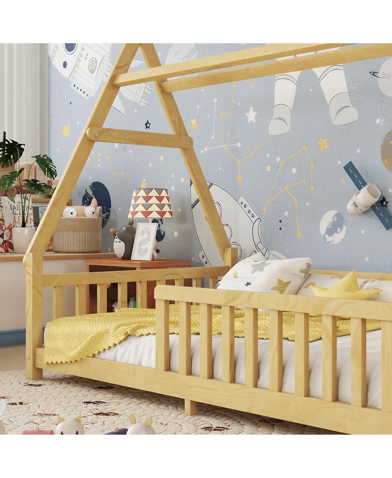 Rainsken Montesori Floor Bed for Kids, with Light and Slats, Wood Teepee Bed, Low House No Box Spring Needed
