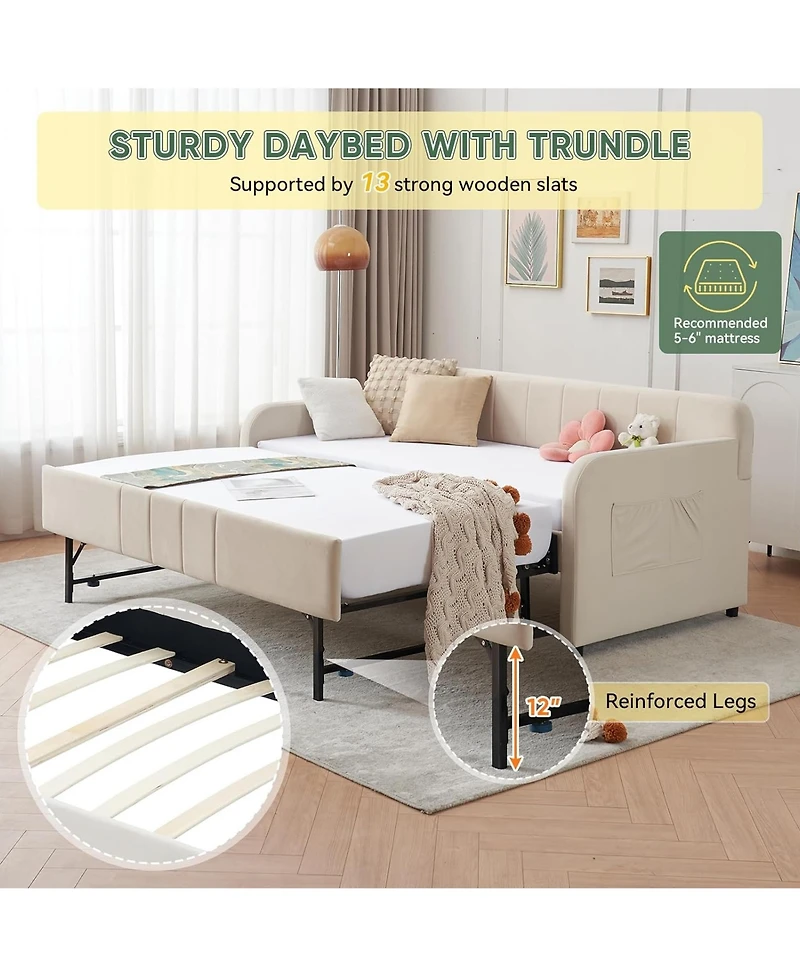 Rainsken Twin Daybed with Trundle, Velvet Upholstered Sofa Bed Frame Usb Port, Side Pockets and Wood Slat Support for Living Room