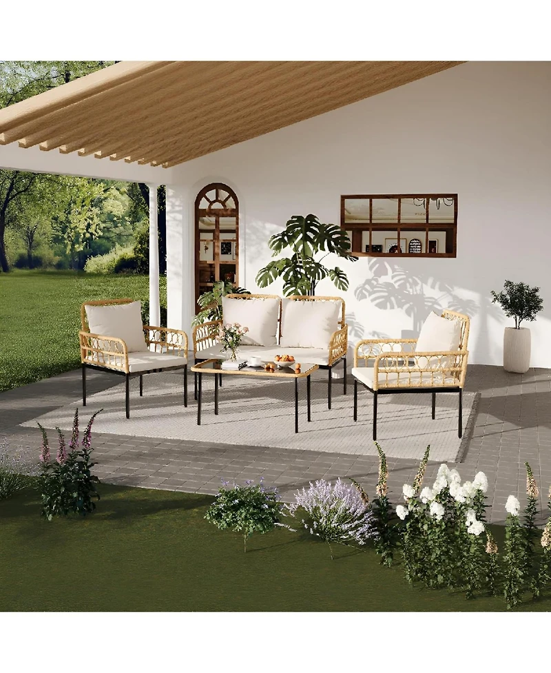 gaomon 4-Piece Patio Seating Set with Glass Coffee Table, Wicker and Cushions