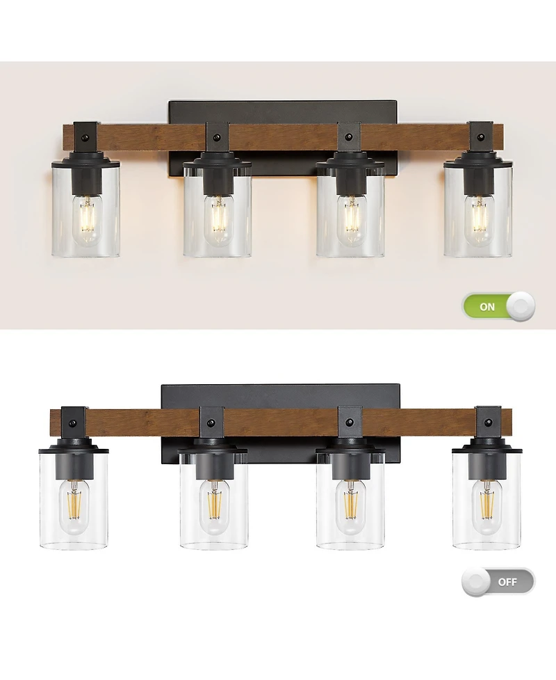 Busdays 4 Light Industrial Farmhouse Vanity Light Wood Metal Fixture Clear Glass Shades for Bathroom Kitchen Wall Mount