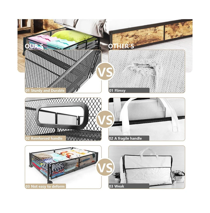 Underbed Rolling Storage Drawer with Metal Mesh Frame and Wheels, 2 Packs