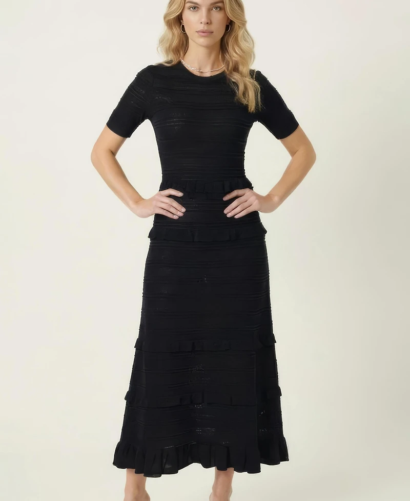 Modenaire Women's Textured Knit Ruffle-Trim Fitted Midi Dress