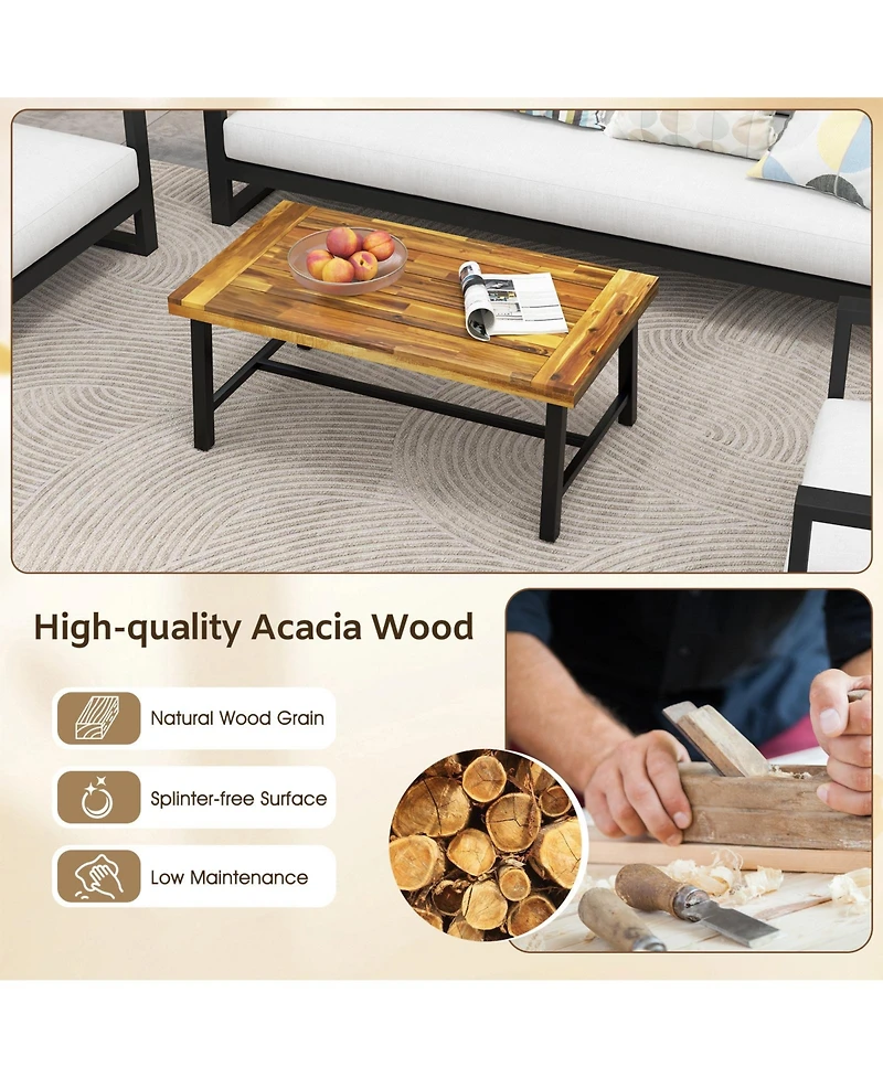 Sugift Acacia Wood Coffee Table with Thickened Top and Heavy-duty Metal Legs