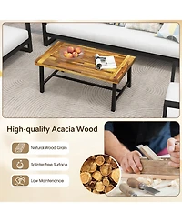 Sugift Acacia Wood Coffee Table with Thickened Top and Heavy-duty Metal Legs