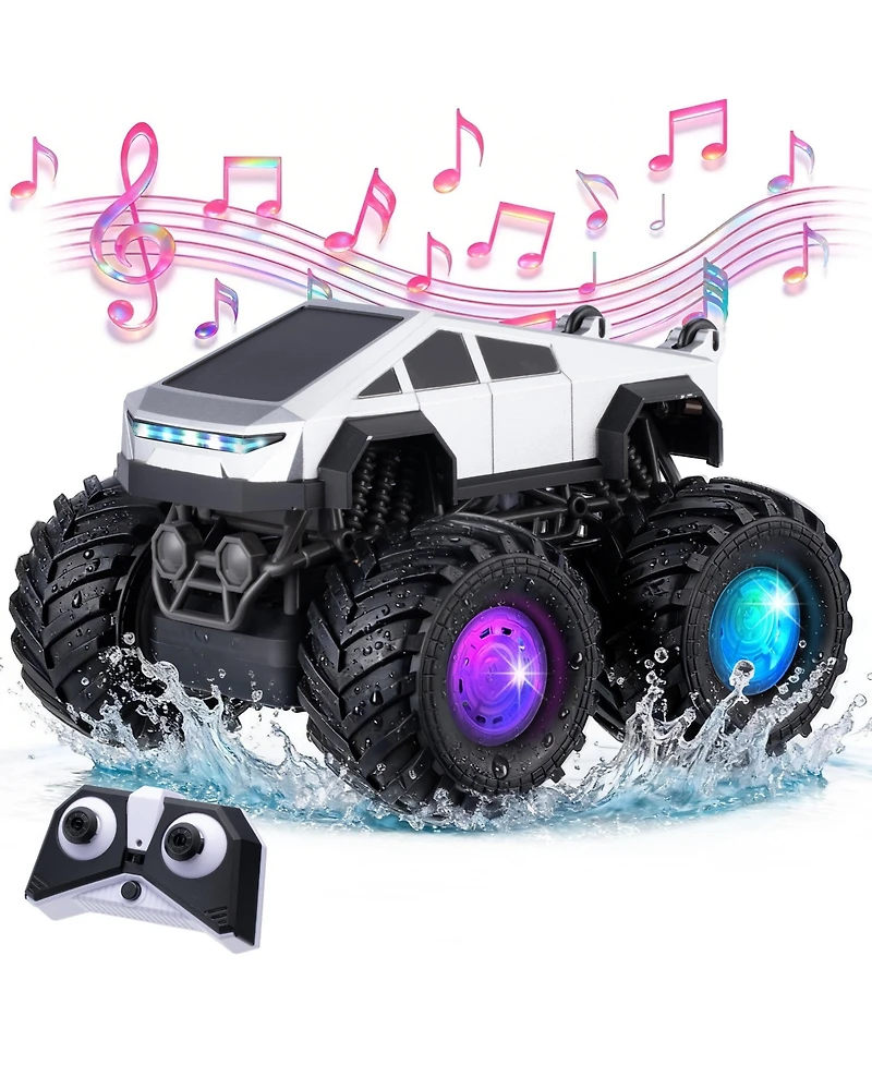 Hongge Remote Control Monster Truck for Kids, 2.4GHz Rc Stunt Car with Led Lights and Music, 4WD Amphibious All Terrain