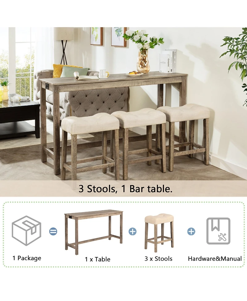 Rainsken Bar Table and Chairs Set of 4, Industrial Height Dining with 3 Padded Stools Power Outlet for Living Room