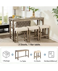 Rainsken Bar Table and Chairs Set of 4, Industrial Height Dining with 3 Padded Stools Power Outlet for Living Room