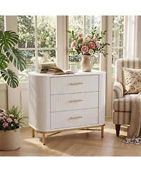 Tribesigns White Nightstand with 3 Drawers, 31.5" W Modern Bedside Table, Fluted Night Stand with Gold Legs
