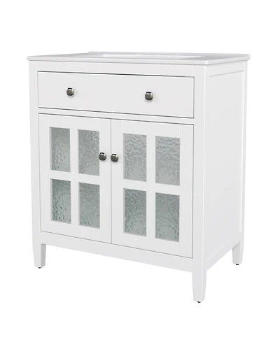Busdays Bathroom Vanity with Ceramic Sink Adjustable Shelf Tip Out Tray Solid Wood Legs Metal Knobs Soft Close Hinges White Freestanding Cabinet
