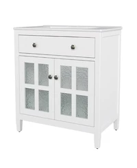 Busdays Bathroom Vanity with Ceramic Sink Adjustable Shelf Tip Out Tray Solid Wood Legs Metal Knobs Soft Close Hinges White Freestanding Cabinet