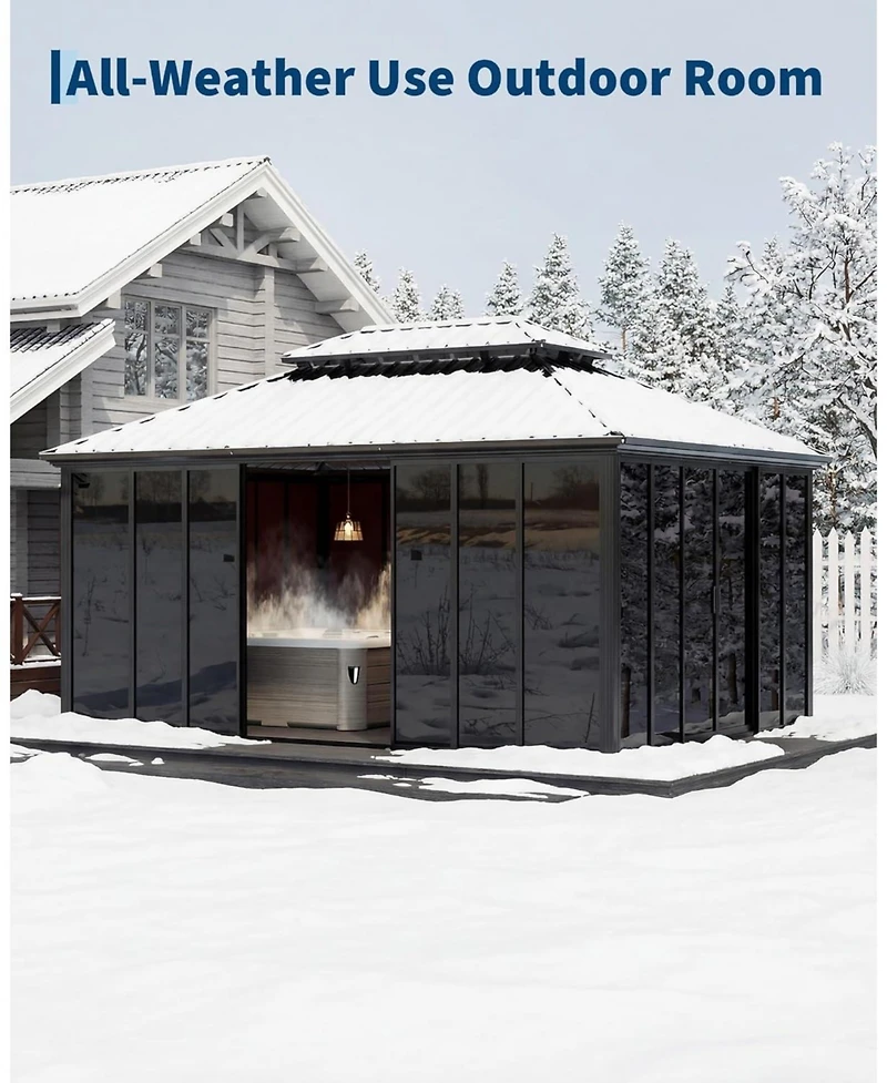 gaomon 12x16Ft Sunroom Hardtop Gazebo, Enclosed Gazebo with Floor-to-Ceiling Sliding Doors, All-Aluminum Alloy Frame