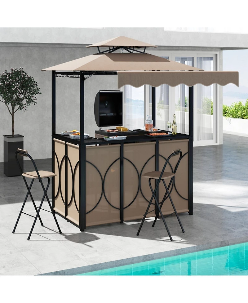 Sugift 3-Piece Grill Gazebo with Awning Outdoor Bbq Canopy Double-Tier Soft Top Barbecue Shelter
