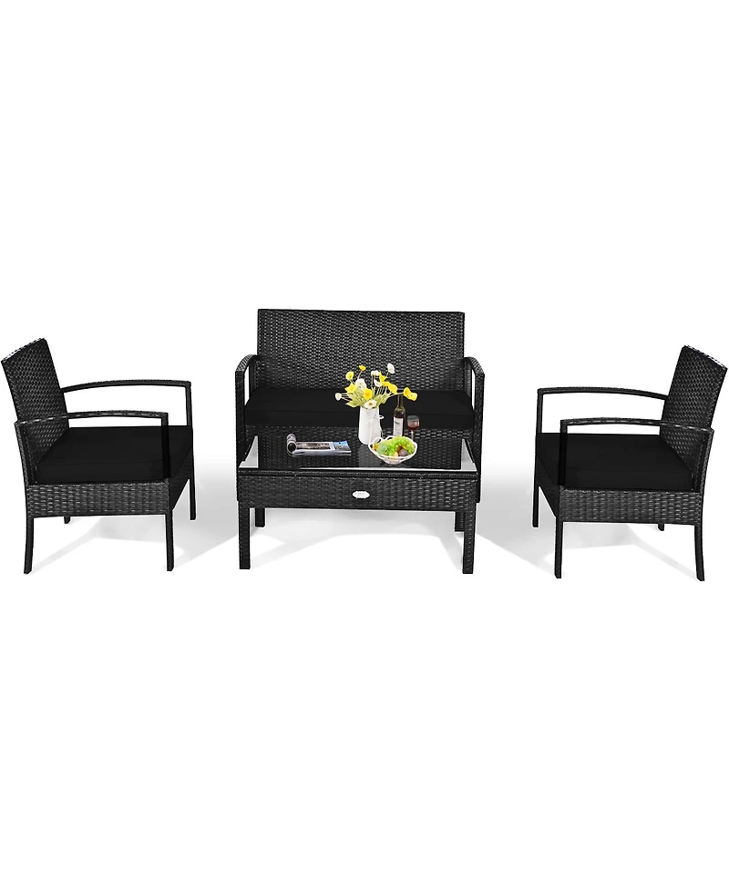 Sugift 4 Piece Patio Rattan Furniture Set with Cushioned Seating