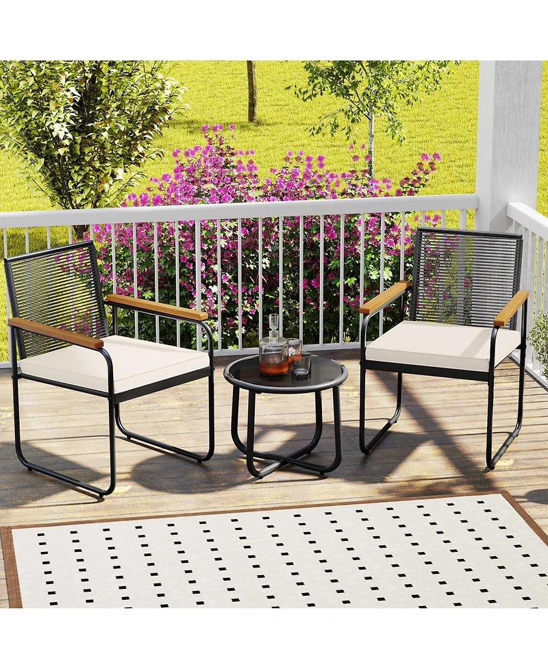Sugift 3 Piece Patio Wicker Furniture Set with Glass Top Table