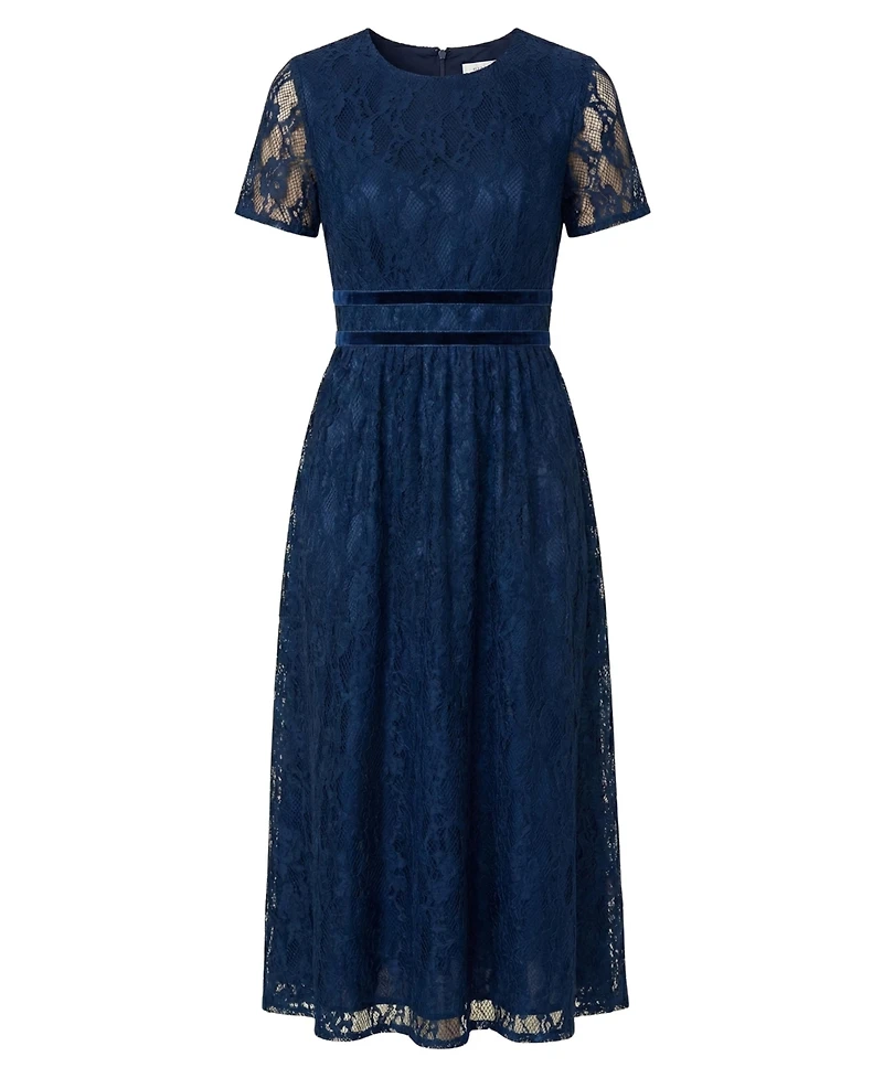 Modenaire Women's Lace Midi Dress with Sheer Short Sleeves and Velvet Waistband