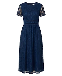 Modenaire Women's Lace Midi Dress with Sheer Short Sleeves and Velvet Waistband