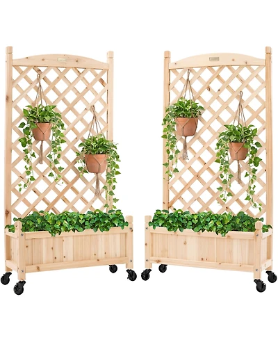 Best Choice Products Set of 2 48in Wood Planter Box & Diamond Lattice Trellis, w/ Drainage, Optional Wheels - Walnut