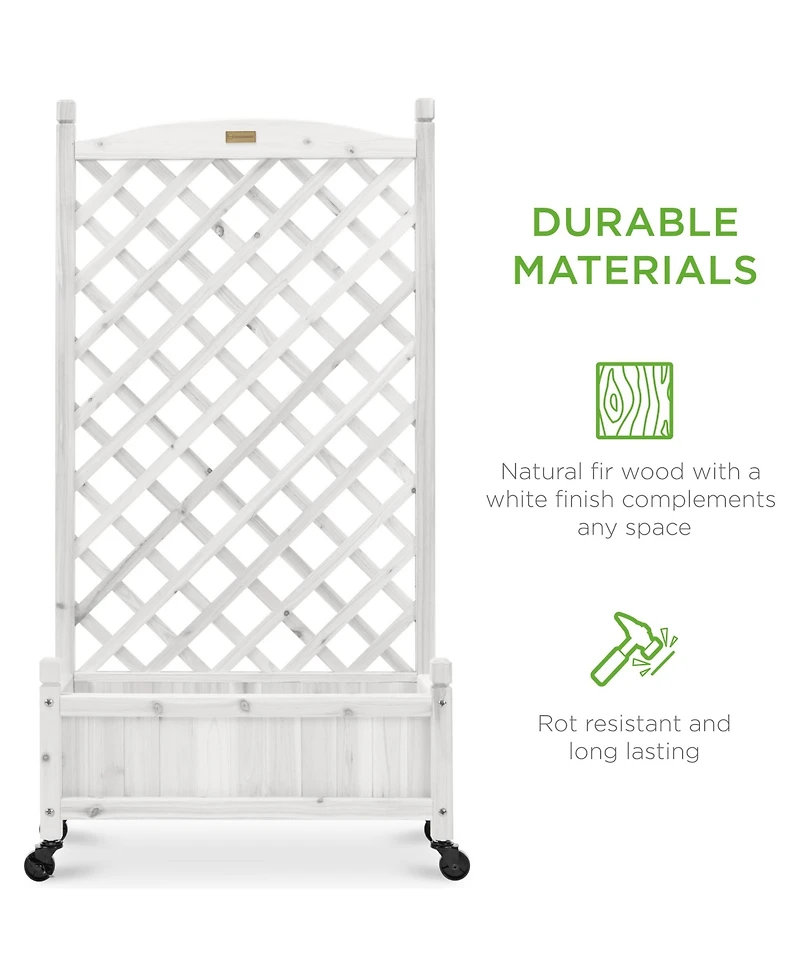 Best Choice Products Set of 2 48in Wood Planter Box & Diamond Lattice Trellis, w/ Drainage, Optional Wheels - Walnut