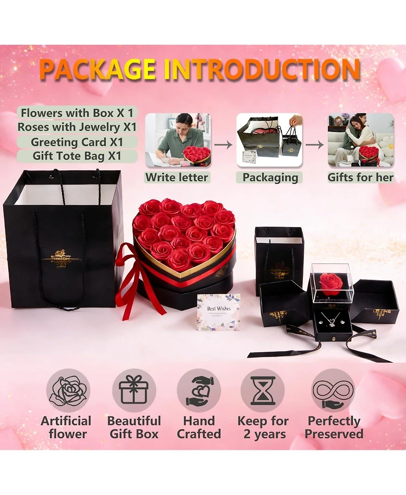 Gnuadz Forever Flowers Box Preserved Roses Jewelry Set Couple Mother Gift