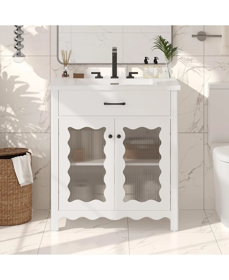 Busdays 30 Inch Bathroom Vanity with Tempered Glass Top Modern Cabinet Rubber Wood Legs Soft Close Doors White Freestanding Storage Vanity