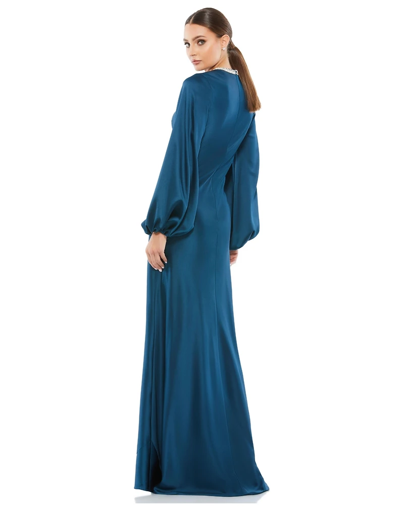 Mac Duggal Petite Beaded High Neck Bishop Sleeve Satin Gown
