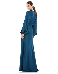 Mac Duggal Petite Beaded High Neck Bishop Sleeve Satin Gown