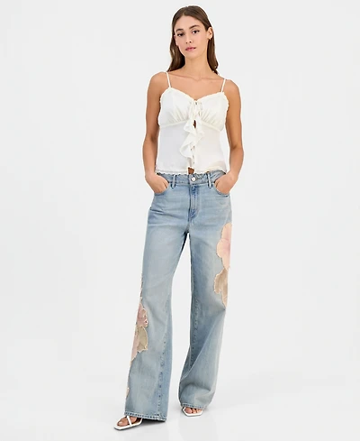 Guess Women's Rey Floral Applique Wide-Leg Jeans