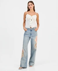 Guess Women's Rey Floral Applique Wide-Leg Jeans
