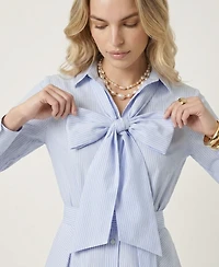 Modenaire Women's Striped Tie-Neck Bow Shirt Dress